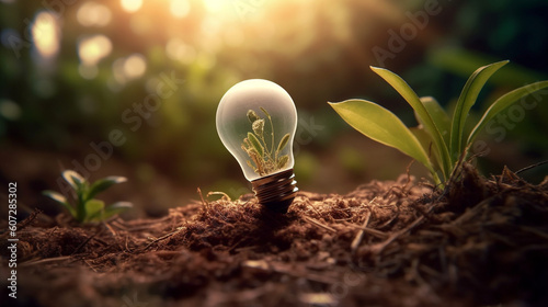 Light bulb on soil and nature background,Creative with inspiration,Innovative technology,Energy and environmental concepts. Generative Ai.