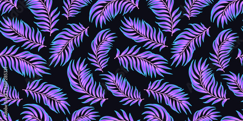 Vector tropical seamless pattern. Tropical neon fluorescent digital paper. Vaporwave aesthetics palm leaves retrowave background. Futuristic fabric seamless backdrop. Exotic cyberpunk tropic wallpaper