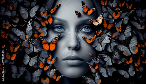 Woman's face sticking out in the middle of a full group of butterflies. Generate Ai.