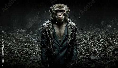 A monkey stand among the piles of plastic waste and the rain. concept of saving the world. Generative AI.