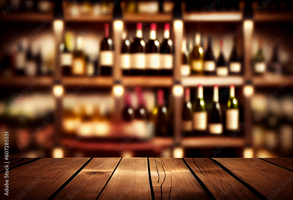 Wine wooden table background. Blurred wine shop with bottles. Generate Ai. Wine wooden table background. Blurred wine shop with bottles. Generate Ai.