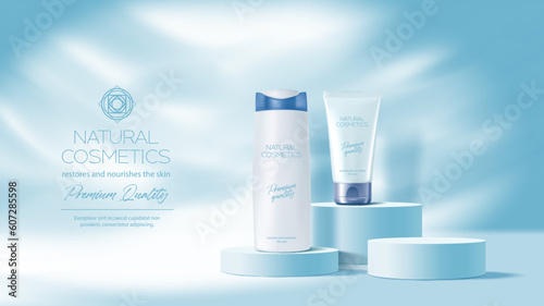Blue cosmetics podium mockup. Vector promo background with beauty care production bottles on round pedestals. Promotional advertising banner with cream tube and shampoo packaging realistic mock up