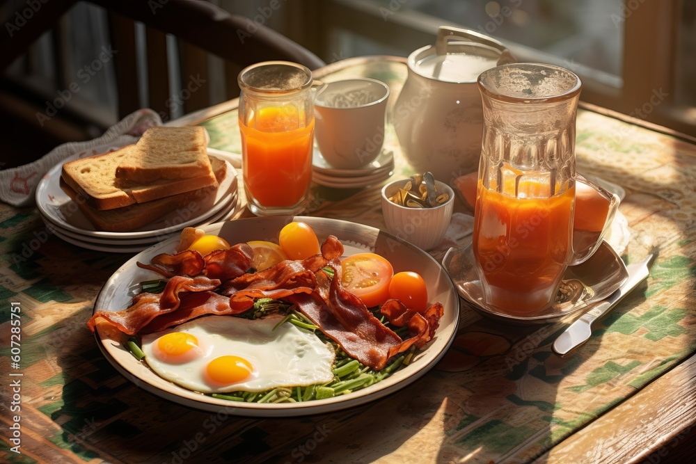 An image capturing the first rays of sunlight illuminating a delectable breakfast of sunny-side-up eggs, crispy bacon, grilled vegetables, and a glass of freshly squeezed orange juice. generative ai An image capturing the first rays of sunlight illuminating a delectable breakfast of sunny-side-up eggs, crispy bacon, grilled vegetables, and a glass of freshly squeezed orange juice. generative ai