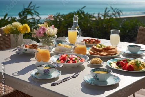 scene of a breakfast table set on a seaside terrace, variety of egg dishes such as omelets, frittatas, and eggs Benedict, accompanied by a colorful summer fruit platter. generative ai.