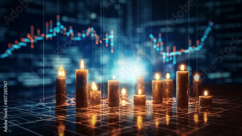 Stock market or forex trading charts and candlestick chart. Generative AI.