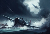 illustration painting of planes flying in the storm . Generate Ai.