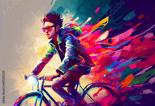 illustration painting of young man riding a bicycle with a colorful energy, digital art style. Generate Ai.