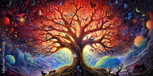 Colorful tree of Life. Symbol of the life cycle and the link between humanity and nature. Generative AI