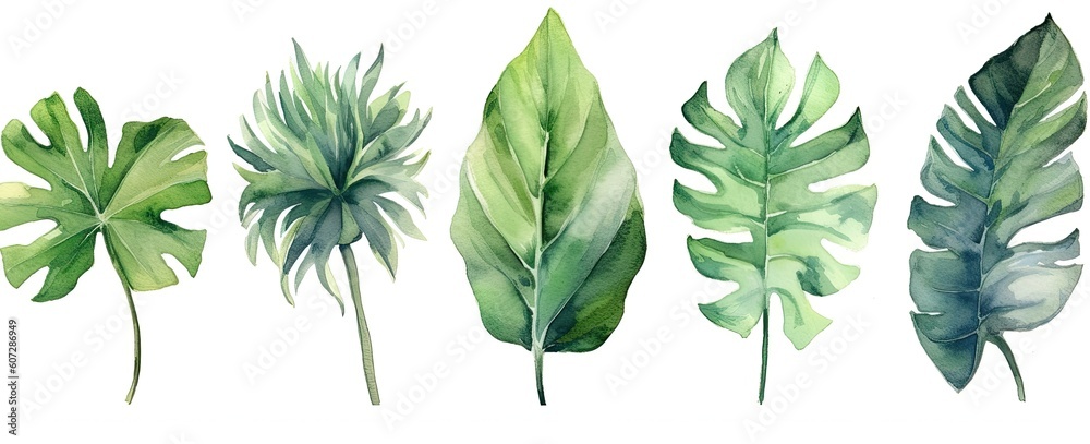 Set of tropical leaves and flowers isolated on white background. Highly detailed plant collection. Generative AI