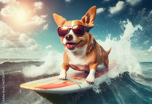 Funny dog in sunglasses rides a surfboard on the ocean waves. Summer vacation concept. Generate Ai.