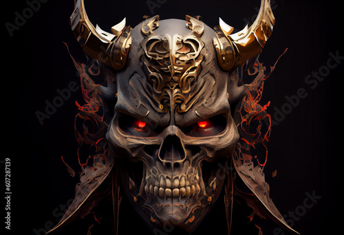 Skull devil cyborg samurai face  3D rendering. Generate Ai.
