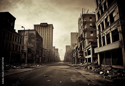illustration painting of destroyed Abandoned City, Digital Illustration. Generate Ai.