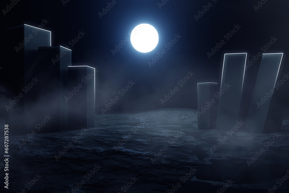 3d render, Futuristic night landscape with abstract landscape and island, moonlight, shine. Dark natural scene with reflection of light in the water, neon blue light. Dark neon circle background. 