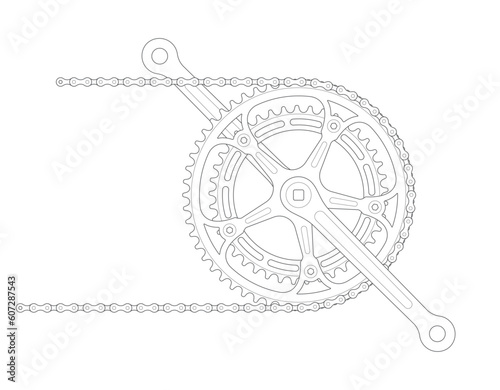 Vector black border gravel bicycle crank with chain. Isolated on white background.