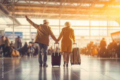 Image of happy old couple at airport terminal