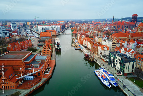 Gdansk city in Poland with view on Motlaca river. Historical center in old town in european city, aerial view. Panoramic skyline of modern european city