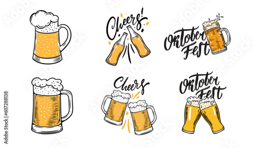 Oktoberfest lettering and beer glasses in cartoon style vector art illustration.