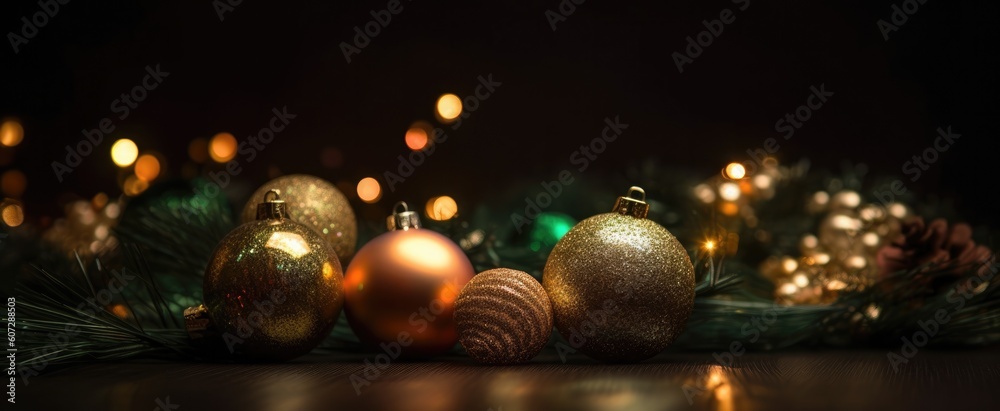 Fototapeta premium Bokeh background with Christmas tree, lights and baubles. Generative ai