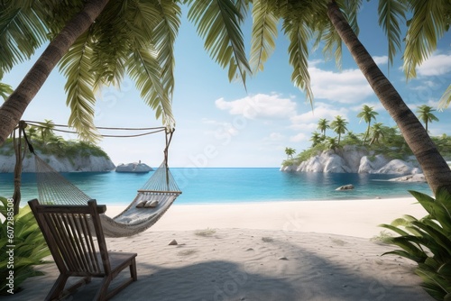 A hammock on a beach with palm trees and a blue sky Generative Ai