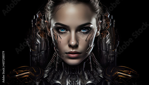 Robot woman look in camera on black background . Generate Ai.