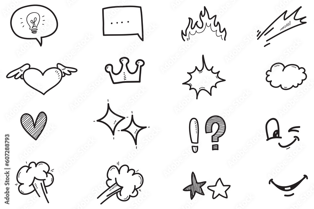 Vector set of hand-drawn cartoony expression sign doodle, curve directional arrows, emoticon effects design elements, cartoon character emotion symbols, cute decorative brush stroke lines. Vector set of hand-drawn cartoony expression sign doodle, curve directional arrows, emoticon effects design elements, cartoon character emotion symbols, cute decorative brush stroke lines.