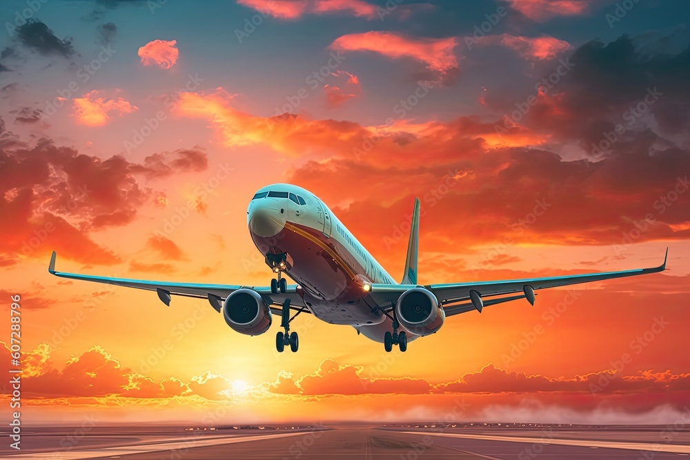 A plane is taking off from a runway with the sun setting behind it Generative Ai