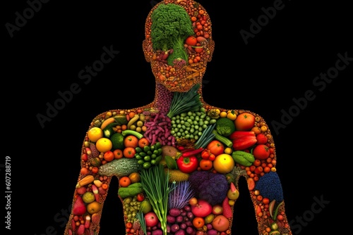 A person with undefined anatomy, with the body divided into parts filled with fruits and vegetables, in a style of bio-art. Generative AI