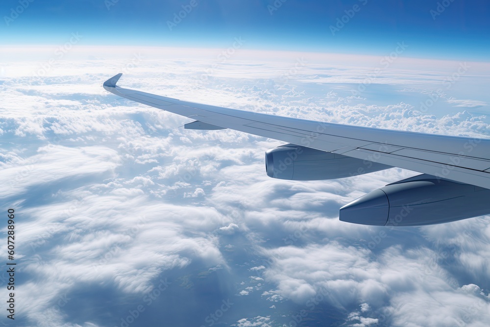 Obraz premium A plane is flying above the clouds and the wing is visible Generative Ai