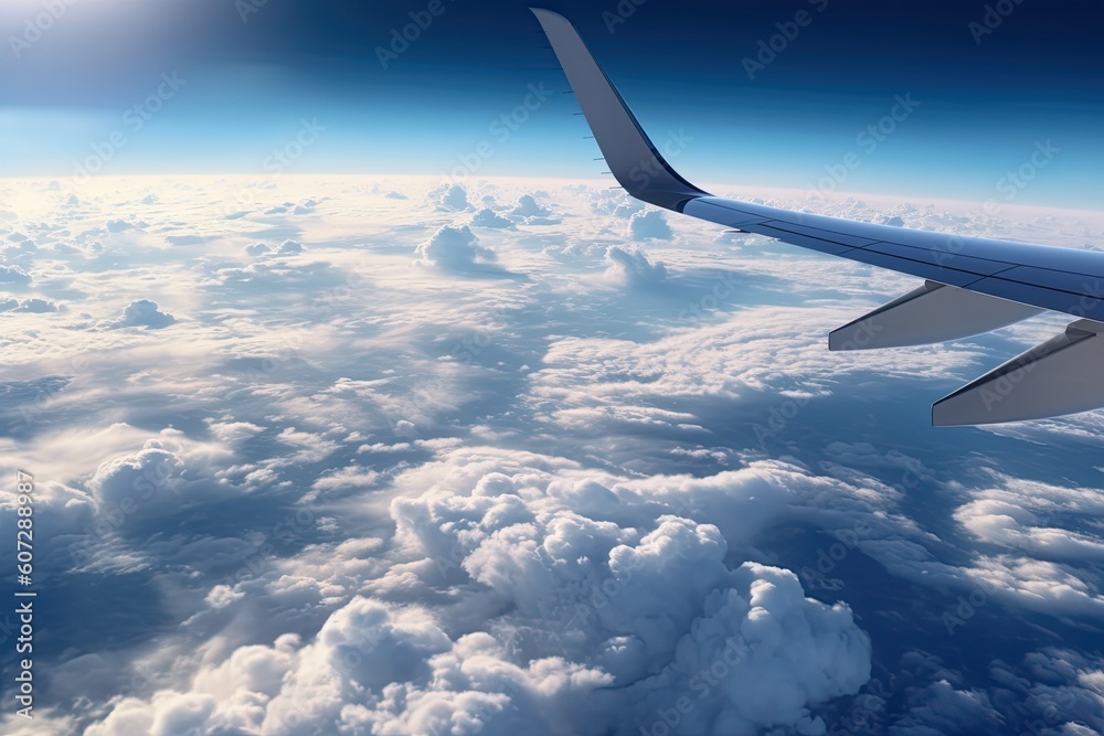 Obraz premium An airplane wing is seen above the clouds Generative Ai
