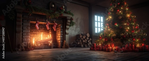 A Christmas tree and ornaments in a fireplace. Generative ai