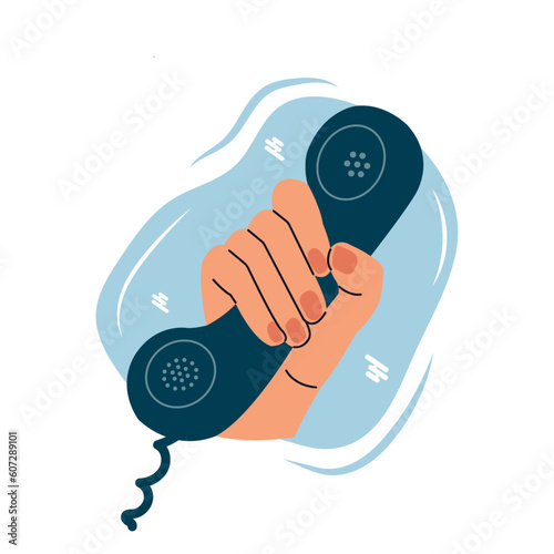 a miniature with a hand gesture. Vector illustration, a hand holding a phone handset. Business Illustration