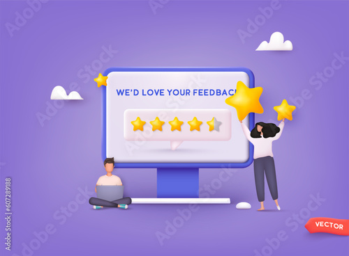 People Characters Giving Five Star Feedback. Vector customer review concepts. Reviews stars with good and bad rate and text. 3D Web Vector Illustrations.