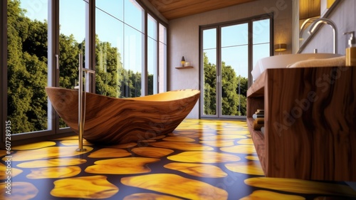 Cheerful bathroom thanks to the color Yellow, Not to mention the amazing view it has. Generative AI Technology 