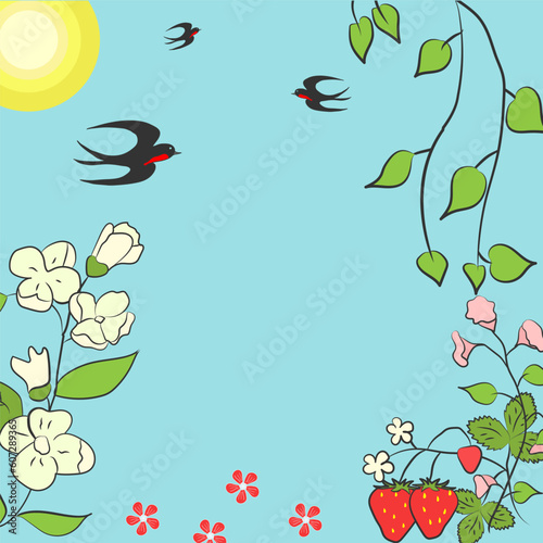 Summer poster. Vector illustration of summer with  sun, birds, starwberries, flowers, green leaves.