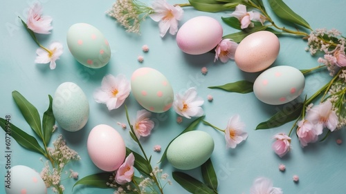 Easter greeting card with pastel easter eggs Generative AI