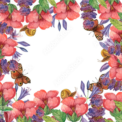Square frame with red flowers, blue flowers and butterflies, watercolor frame highlighted on a white background © Дарья Артемова