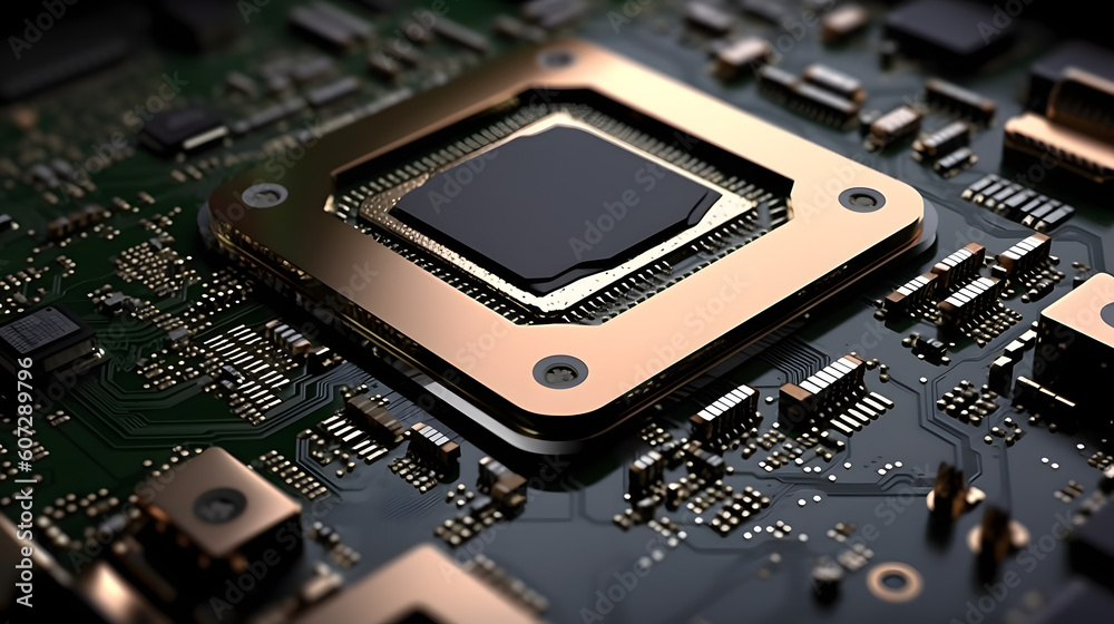 Immerse yourself in a hyperrealistic close-up of the latest flagship AI chip, revealing its intricate architecture and cutting-edge technology with glistening metallic surfaces Generative AI Immerse yourself in a hyperrealistic close-up of the latest flagship AI chip, revealing its intricate architecture and cutting-edge technology with glistening metallic surfaces Generative AI