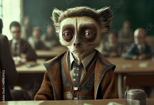 Portrait of an anthropomorphic lemur dressed as a schoolboy in a classroom. Generate Ai.