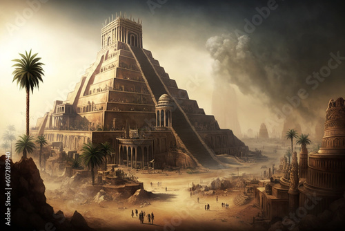 Ancient city of Babylon with the tower of Babel, bible and religion, new testament, speech in different languages. Generate Ai