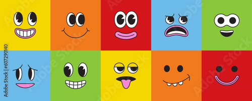 Vector cartoon faces, abstract design mascots - y2k stickers and badges, happy, angry expressions, sticker and icons with different face expressions