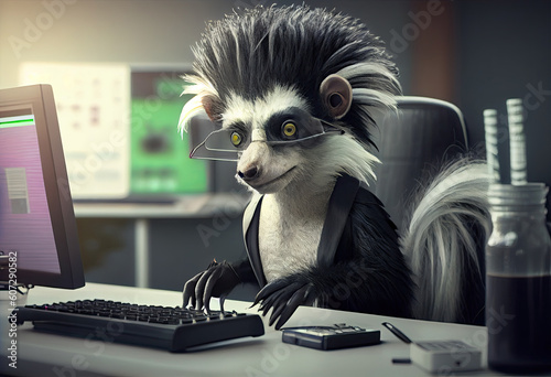 Portrait of an anthropomorphic skunk as a developer in the office. Generate Ai.