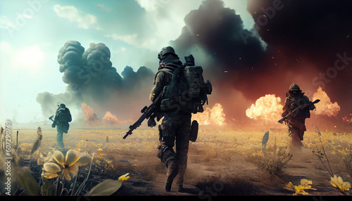 Military special forces soldiers crosses destroyed warzone through fire and smoke in a spring flower field Generate Ai.