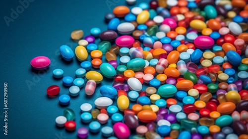 Colorful drug pills on blue background pharmaceutical  Generative AI