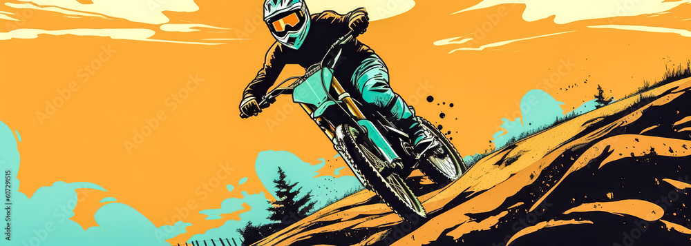 motocross racing in nature, banner with copy space, made with Generative AI