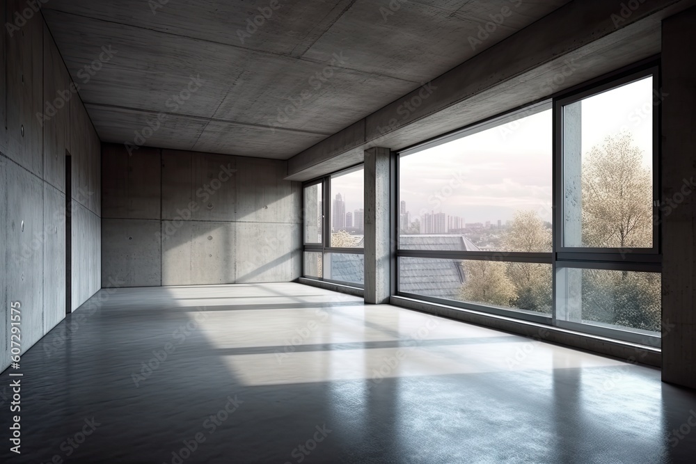 Interior of modern loft with concrete floor and panoramic windows