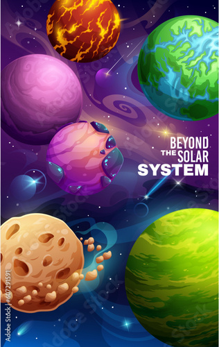 Cartoon galaxy space poster with planets of solar system, vector background. Space exploration and galaxy spaceflight adventure to alien extraterrestrial planets, fantasy world galactic sky