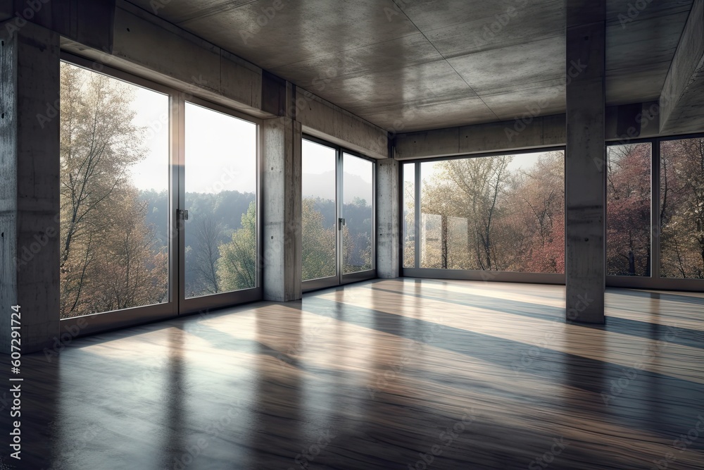 Interior of modern loft with concrete floor and panoramic windows Interior of modern loft with concrete floor and panoramic windows