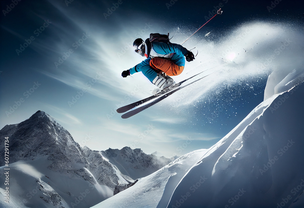 Winter Extreme athlete Sports ski jump on mountain. Generate Ai Winter Extreme athlete Sports ski jump on mountain. Generate Ai