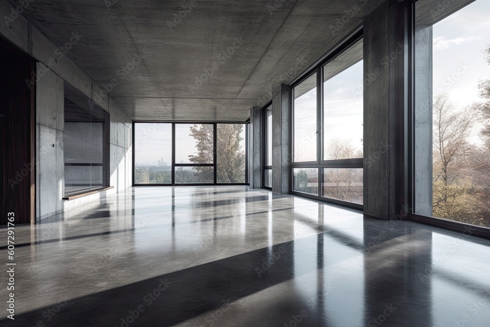 Interior of modern loft with concrete floor and panoramic windows Interior of modern loft with concrete floor and panoramic windows