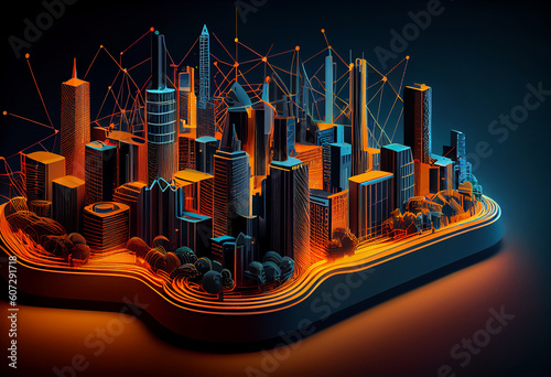 Smart city and abstract line and dot connect with gradient line design   big data connection technology concept. 3d render . Generate Ai